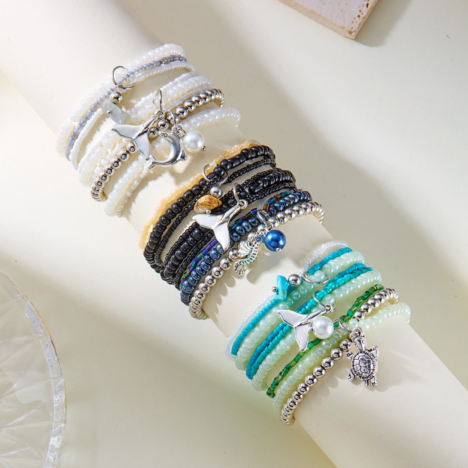 ins Stil Bohemien Strand Urlaub Sommer Oberstoff Schildkröte Fischschwanz Reis Perlen mehrschichtig Stapeln Armband Set