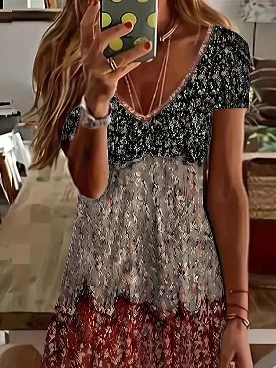 Damen Geblümt Kurzarm Sommer Print Kleid V-Ausschnitt Täglich Lässig Midi Passen & Flare Kleid A-Linien-Kleid