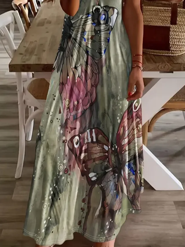 Damen Schmetterling Kurzarm Sommer Print Kleid V-Ausschnitt Täglich Lässig Maxikleid X-Linie Kleid