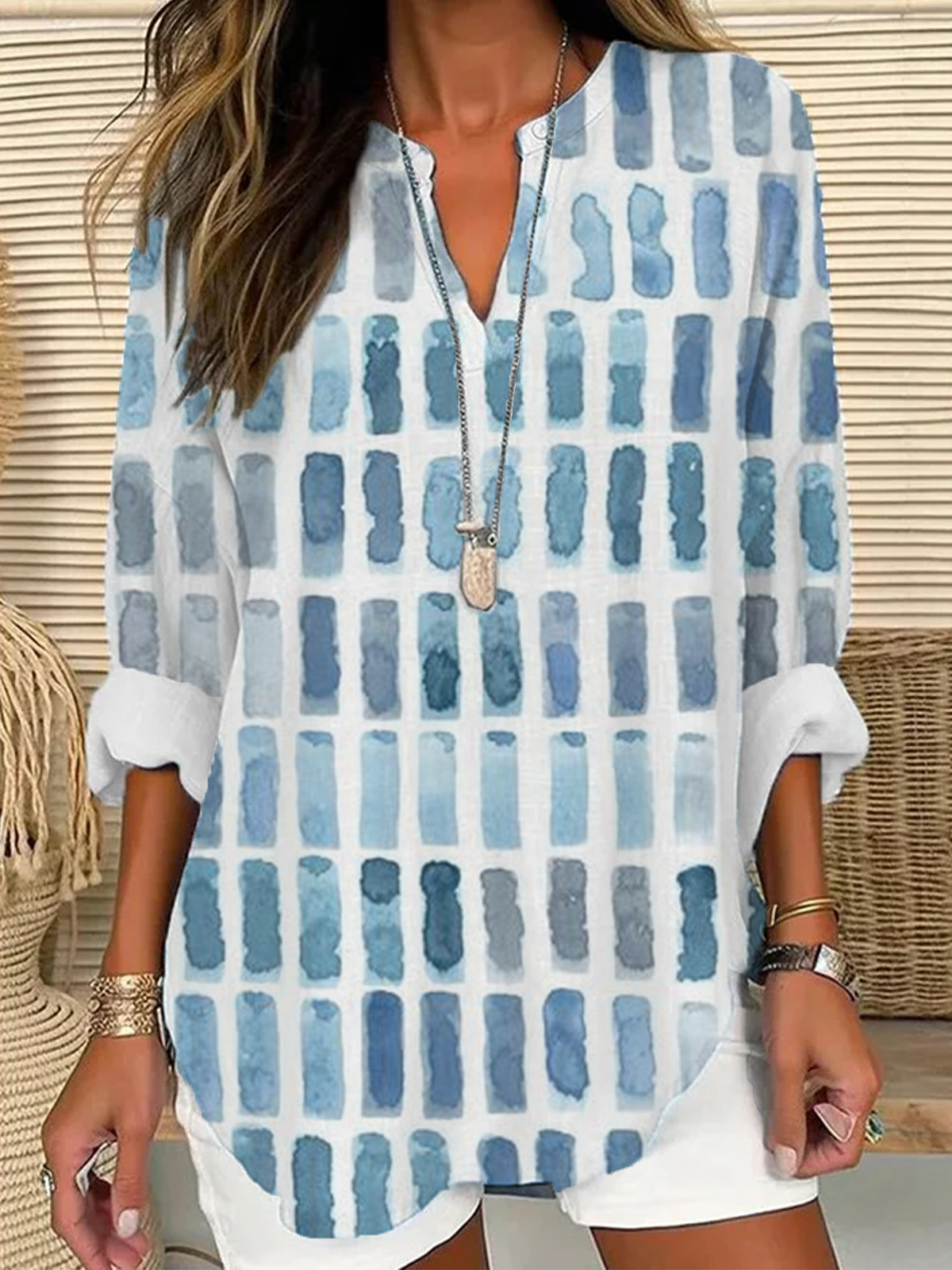 Damen Geometrisch Langarm Bluse Frühling/Herbst Print V-Ausschnitt Täglich Lässig Oberteile