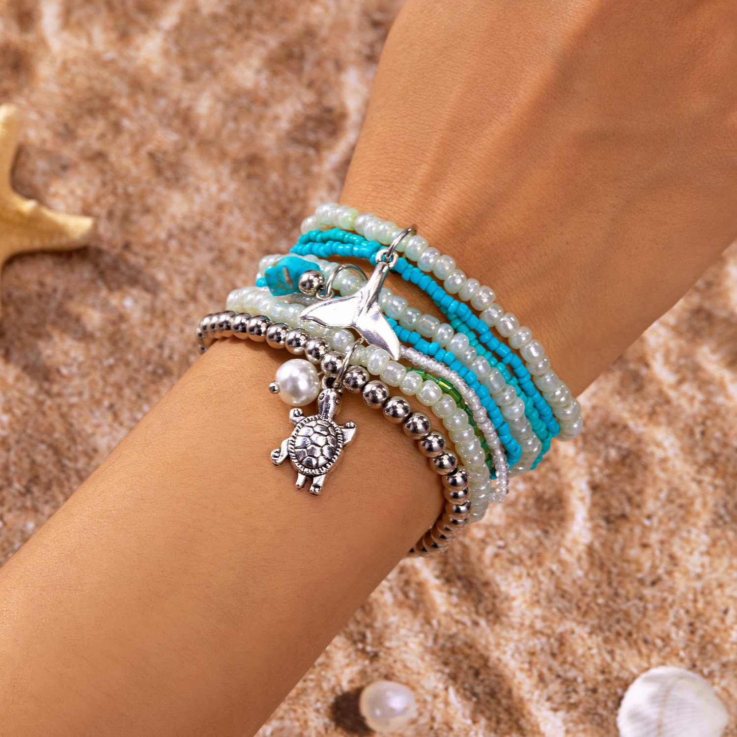 ins Stil Bohemien Strand Urlaub Sommer Oberstoff Schildkröte Fischschwanz Reis Perlen mehrschichtig Stapeln Armband Set