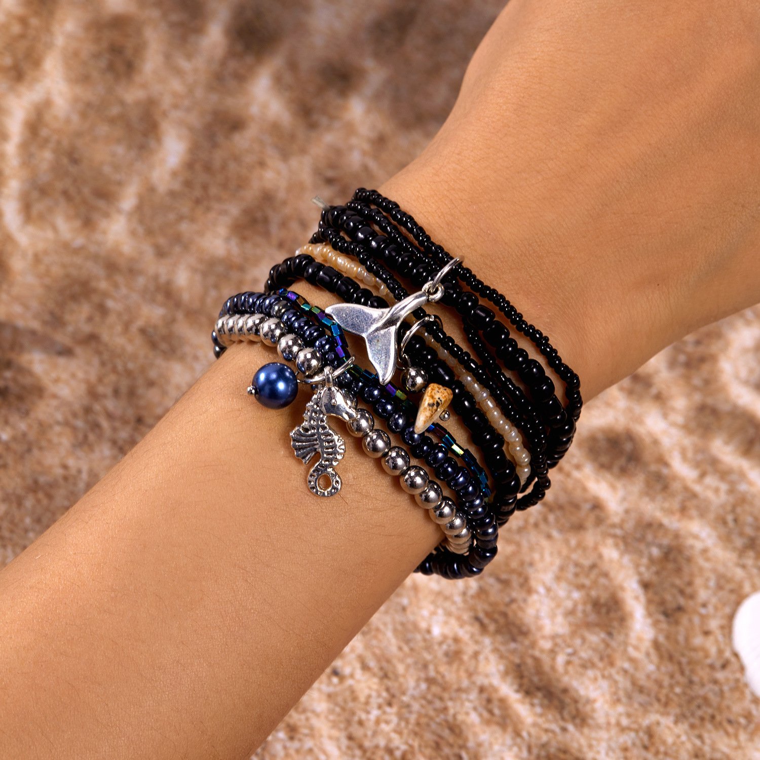 ins Stil Bohemien Strand Urlaub Sommer Oberstoff Schildkröte Fischschwanz Reis Perlen mehrschichtig Stapeln Armband Set