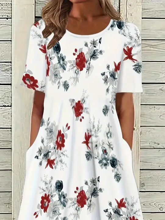 Damen Geblümt Halbarm Sommer Print Kleid Rundhals Täglich Lässig Maxikleid A-Linien-Kleid