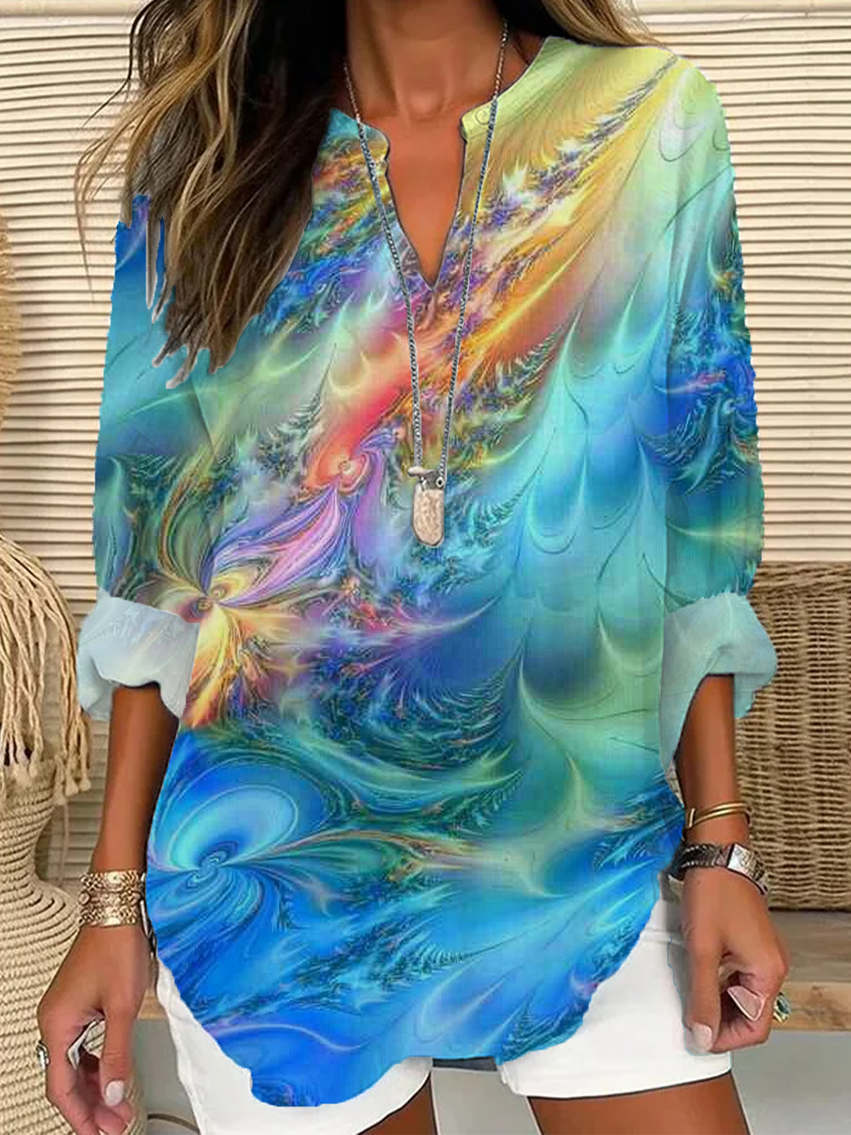 Damen Abstrakt Langarm Bluse Frühling/Herbst Print V-Ausschnitt Täglich Lässig Oberteile