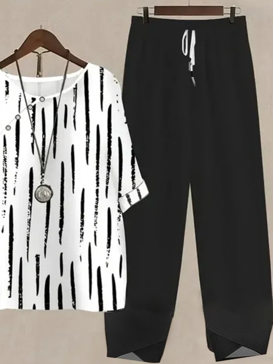 Damen Gestreift Print Zweiteiliges Set Täglich Halbarm Lässig Sommer Bluse mit Hose Matching Set