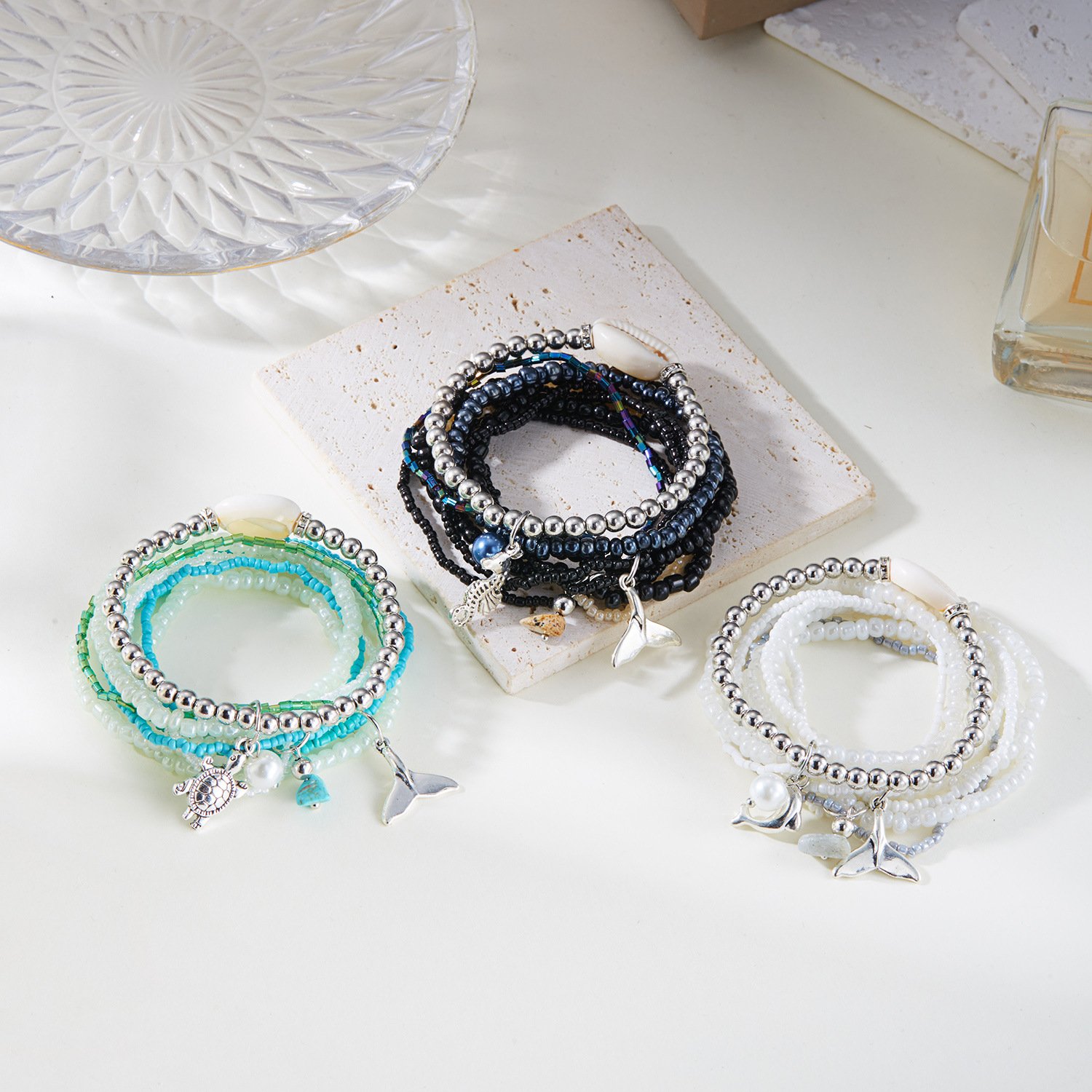 ins Stil Bohemien Strand Urlaub Sommer Oberstoff Schildkröte Fischschwanz Reis Perlen mehrschichtig Stapeln Armband Set