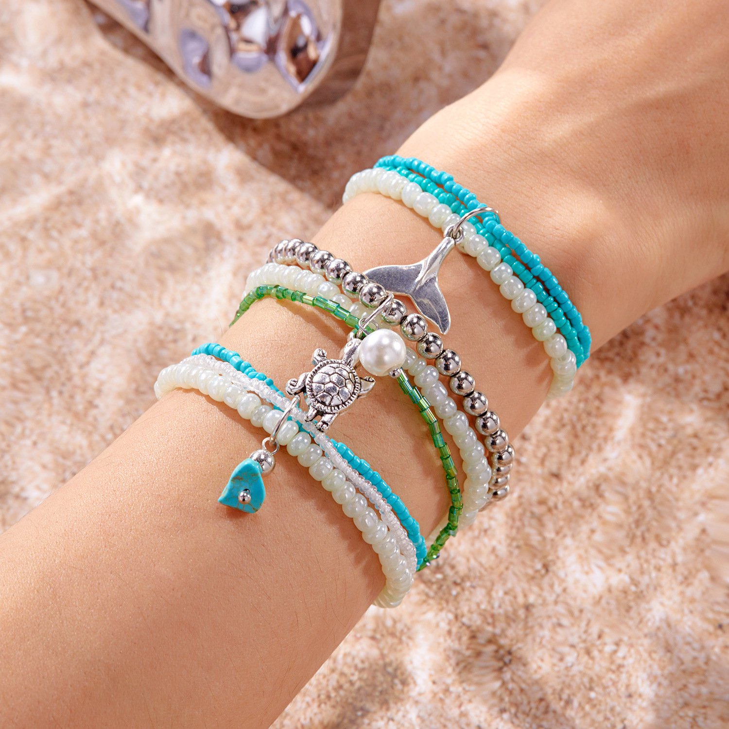 ins Stil Bohemien Strand Urlaub Sommer Oberstoff Schildkröte Fischschwanz Reis Perlen mehrschichtig Stapeln Armband Set