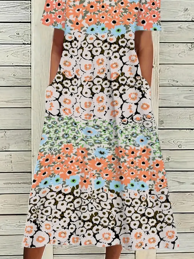 Damen Geblümt Halbarm Sommer Print Kleid Rundhals Täglich Lässig Maxikleid A-Linien-Kleid