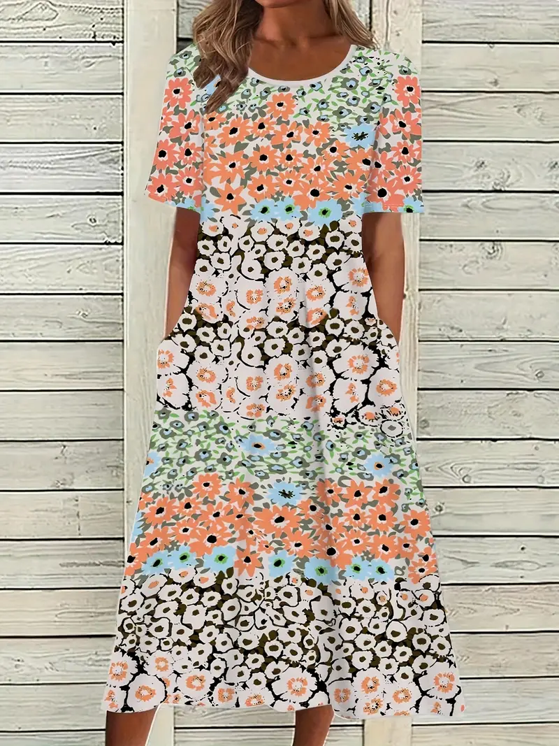 Damen Geblümt Halbarm Sommer Print Kleid Rundhals Täglich Lässig Maxikleid A-Linien-Kleid