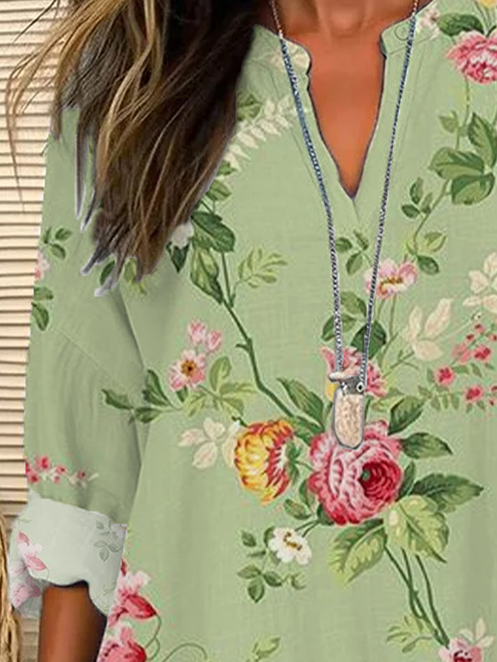Damen Geblümt Langarm Bluse Frühling/Herbst Print V-Ausschnitt Täglich Lässig Oberteile