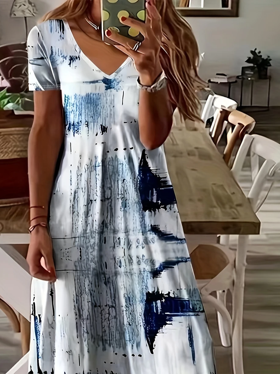 Damen Abstrakt Kurzarm Sommer Print Kleid V-Ausschnitt Täglich Lässig Maxikleid X-Linie Kleid