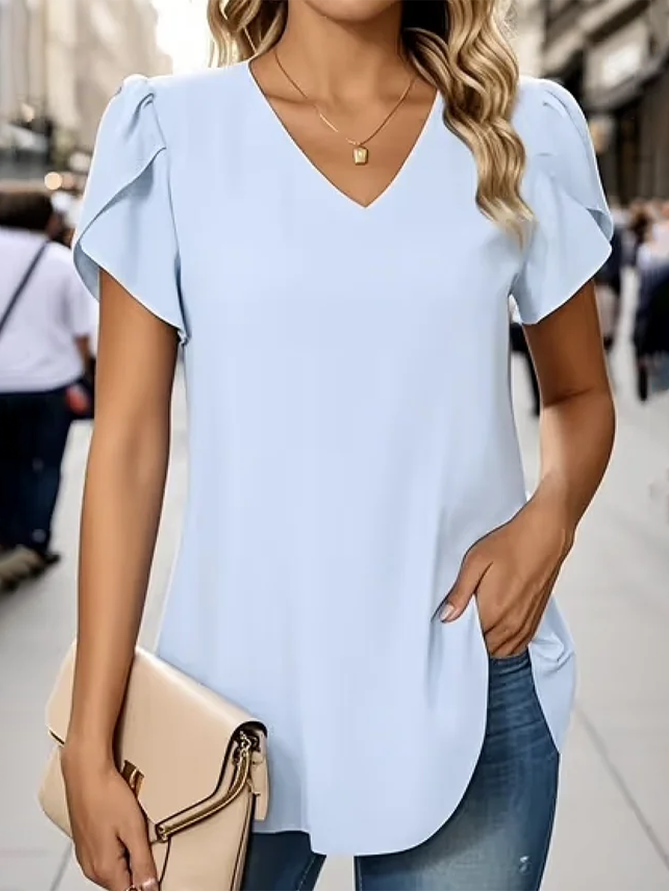 Damen Unifarben Kurzarm T-Shirts T-Shirt V-Ausschnitt Lässig Sommer Oberteile