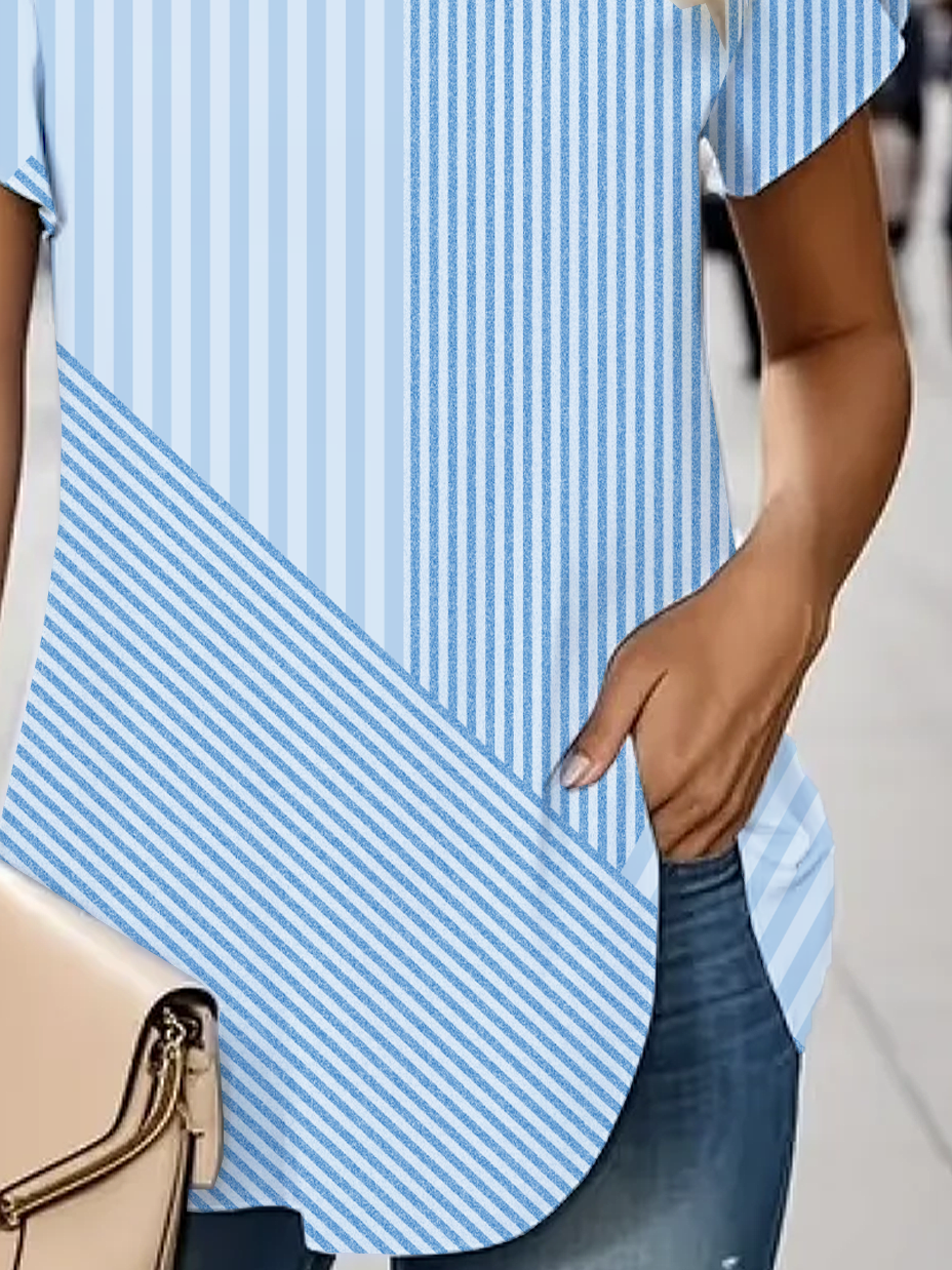 Damen Gestreift Kurzarm T-Shirts T-Shirt V-Ausschnitt Print Lässig Sommer T-Shirt mit Grafik Oberteile