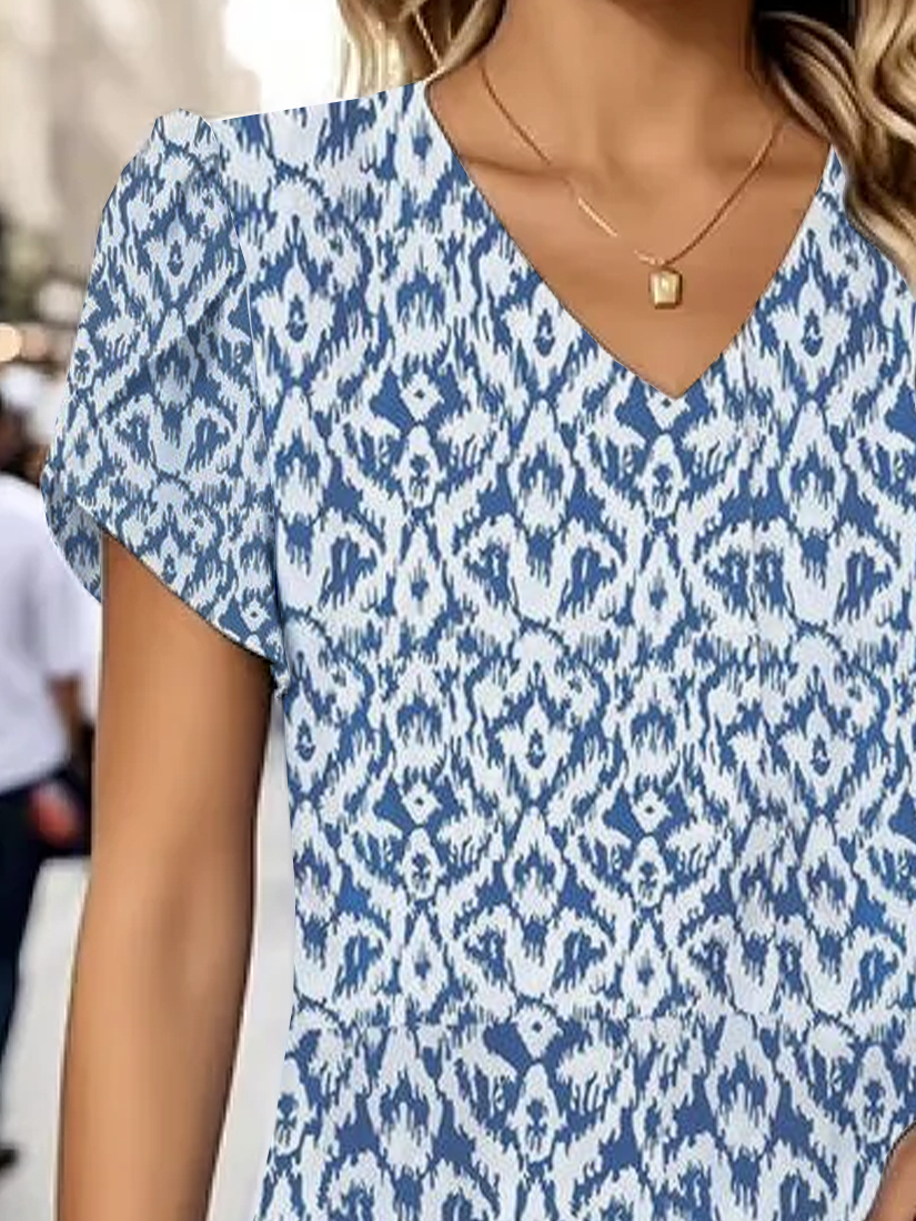Damen Geometrisch Kurzarm T-Shirts T-Shirt V-Ausschnitt Print Lässig Sommer T-Shirt mit Grafik Oberteile