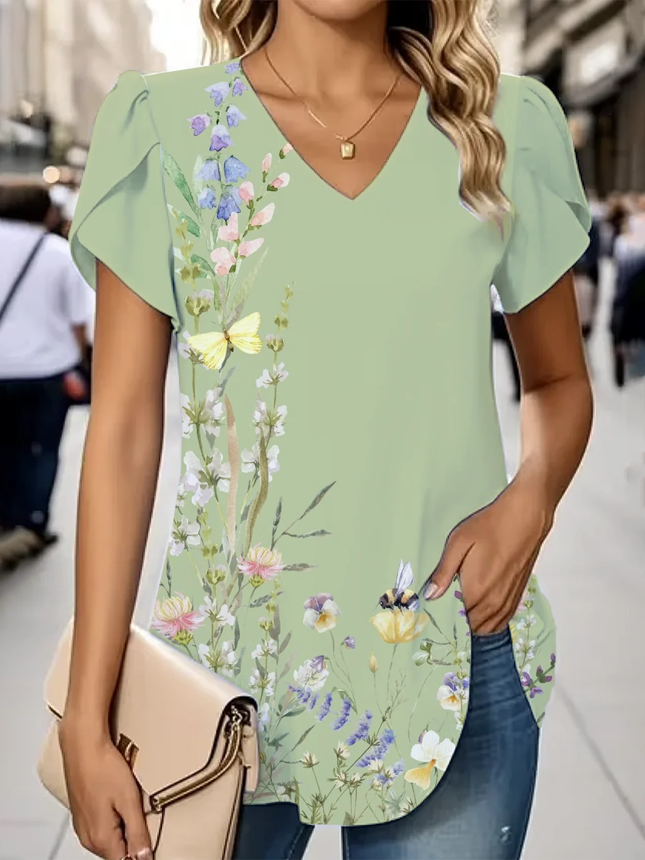Damen Geblümt Kurzarm T-Shirts T-Shirt V-Ausschnitt Lässig Sommer T-Shirt mit Grafik Oberteile