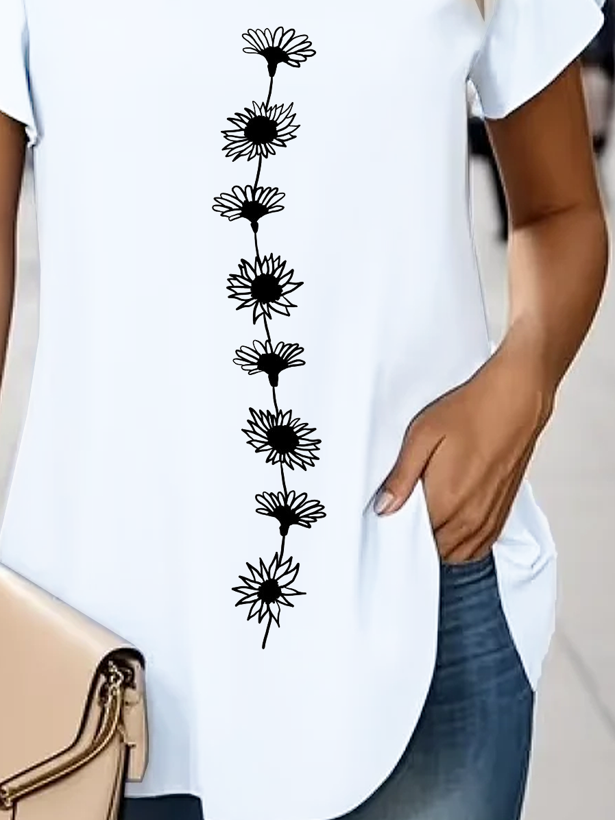 Damen Geblümt Kurzarm T-Shirts T-Shirt V-Ausschnitt Print Lässig Sommer T-Shirt mit Grafik Oberteile
