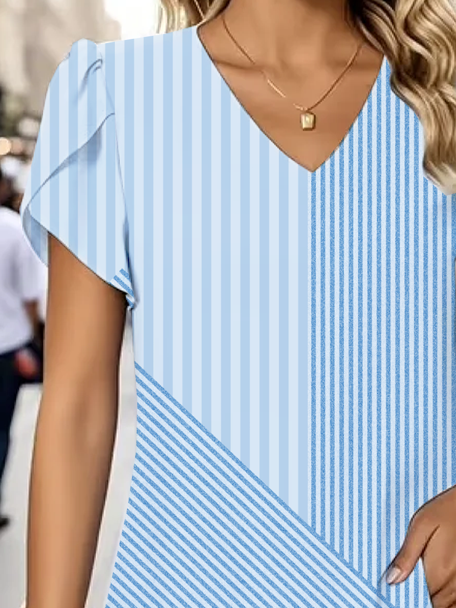 Damen Gestreift Kurzarm T-Shirts T-Shirt V-Ausschnitt Print Lässig Sommer T-Shirt mit Grafik Oberteile