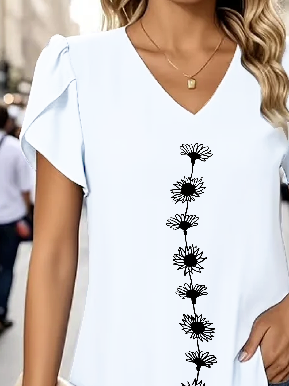Damen Geblümt Kurzarm T-Shirts T-Shirt V-Ausschnitt Print Lässig Sommer T-Shirt mit Grafik Oberteile