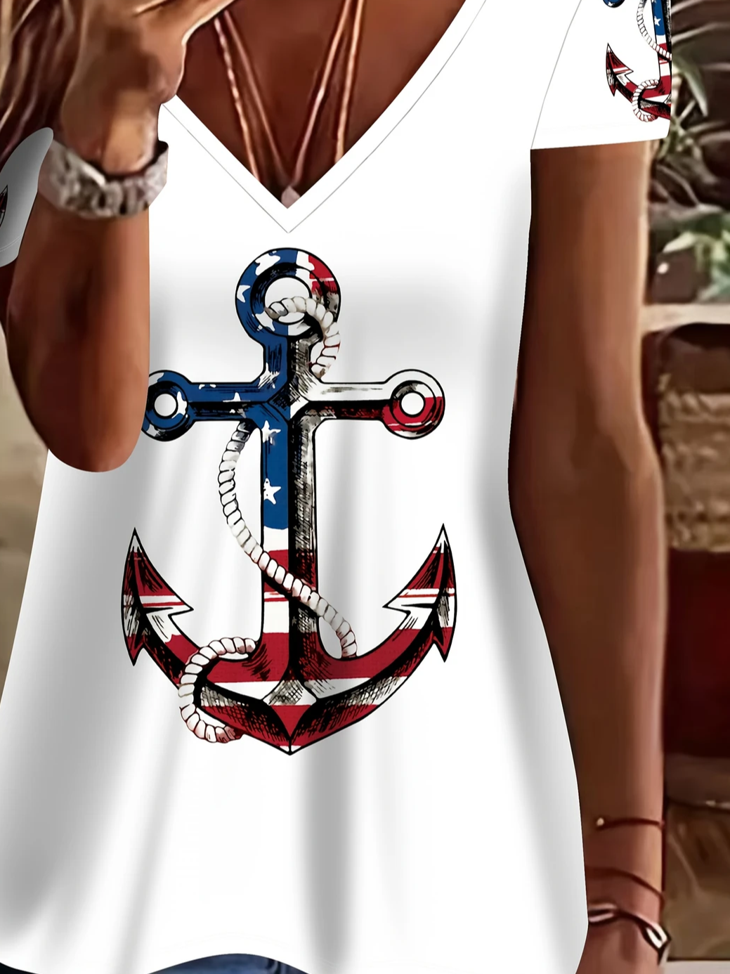 Damen Anker Kurzarm T-Shirts T-Shirt V-Ausschnitt Print Lässig Sommer T-Shirt mit Grafik Oberteile