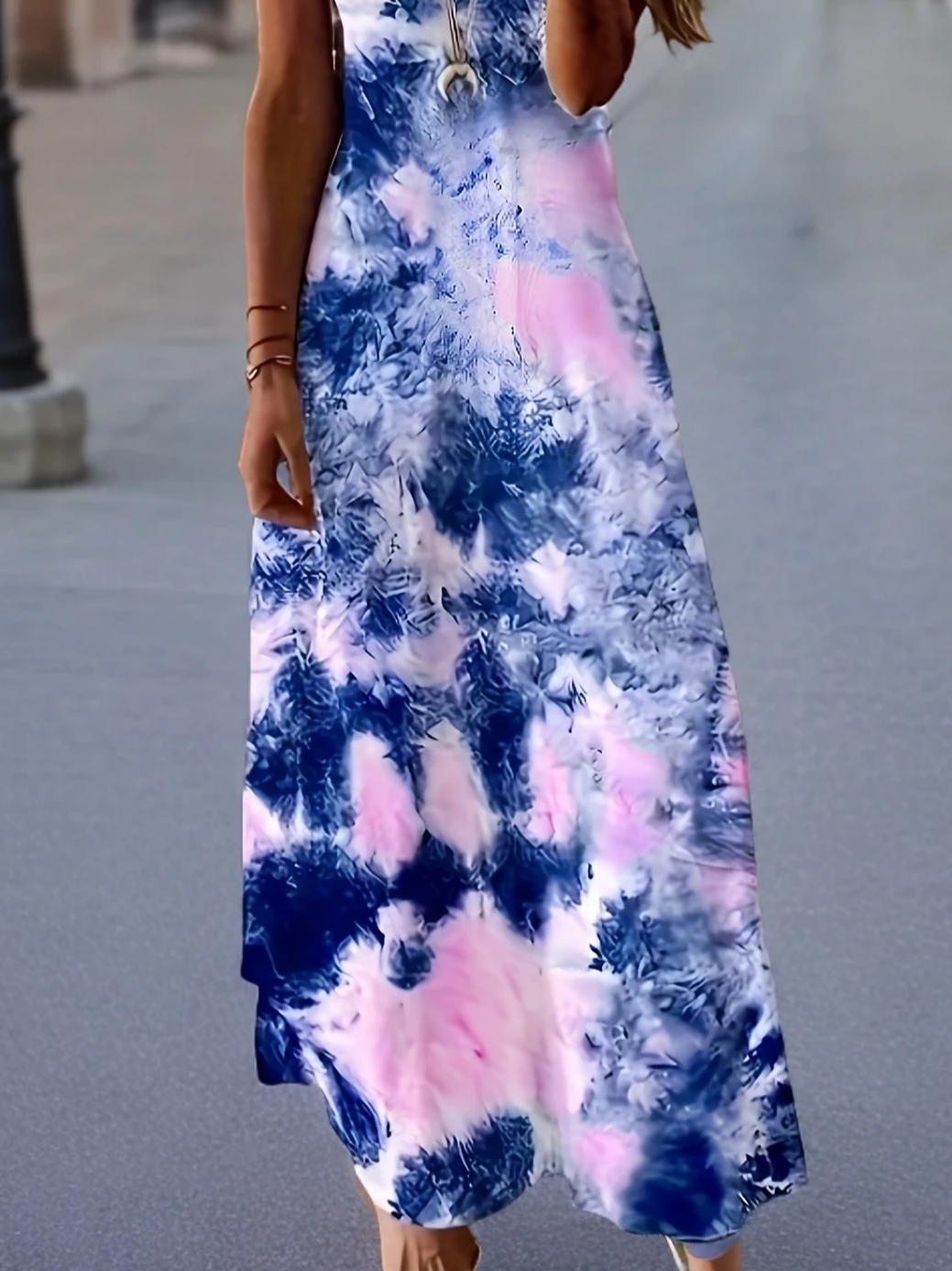Damen Abstrakt Ärmellos Sommer Print Kleid V-Ausschnitt Täglich Lässig Maxikleid Unterhose Kleid X-Linie Kleid