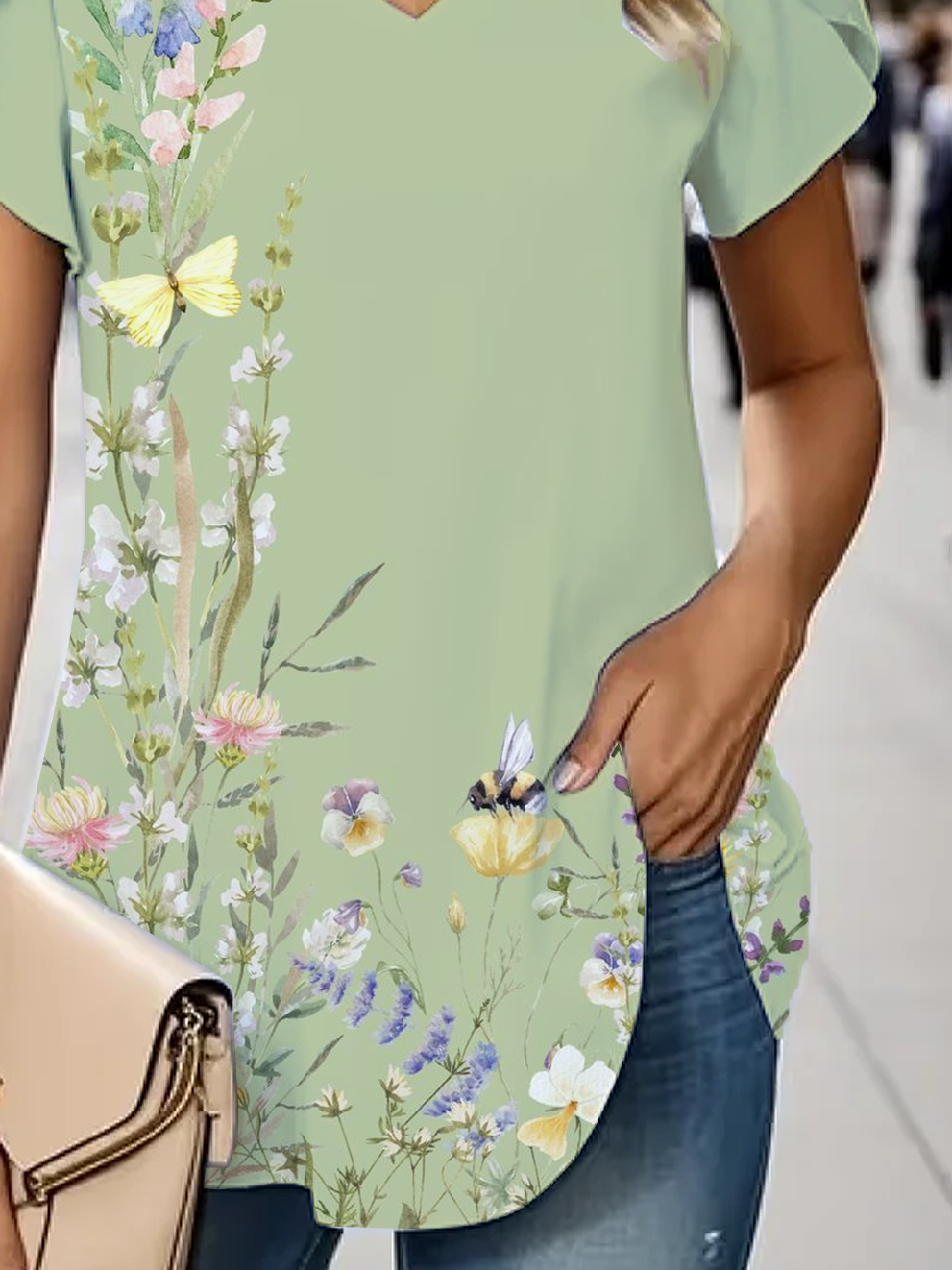 Damen Geblümt Kurzarm T-Shirts T-Shirt V-Ausschnitt Lässig Sommer T-Shirt mit Grafik Oberteile