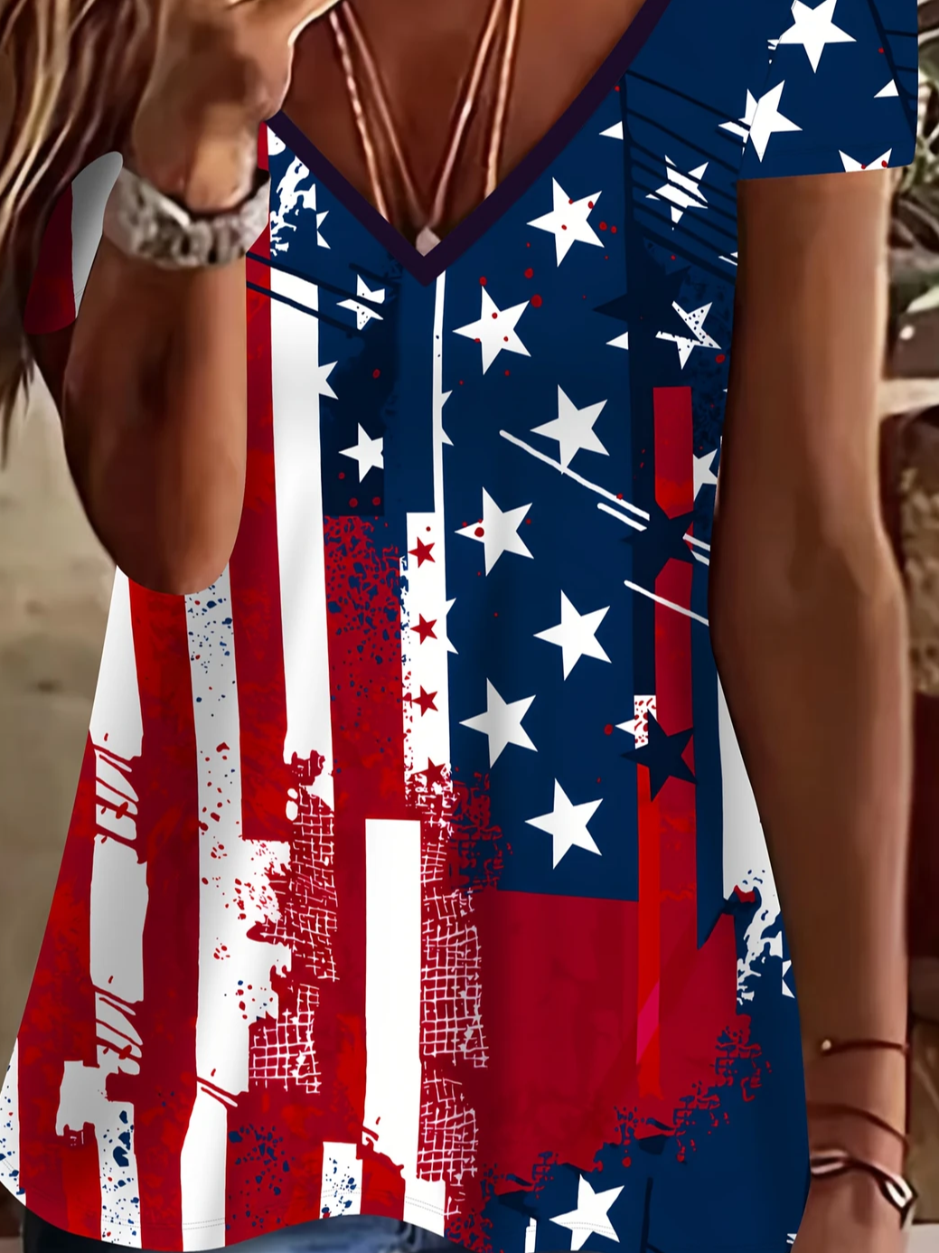 Damen Tag der Unabhängigkeit (Flagge) Kurzarm T-Shirts T-Shirt V-Ausschnitt Print Lässig Sommer T-Shirt mit Grafik Oberteile