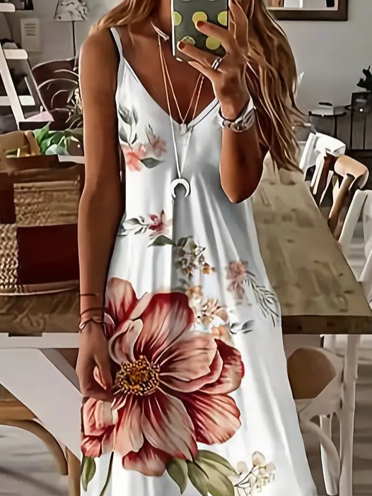 Damen Geblümt Ärmellos Sommer Print Kleid V-Ausschnitt Täglich Lässig Maxikleid Unterhose Kleid X-Linie Kleid
