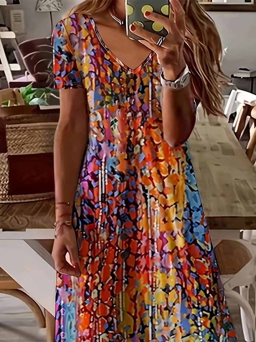 Damen Abstrakt Kurzarm Sommer Print Kleid V-Ausschnitt Täglich Lässig Maxikleid X-Linie Kleid