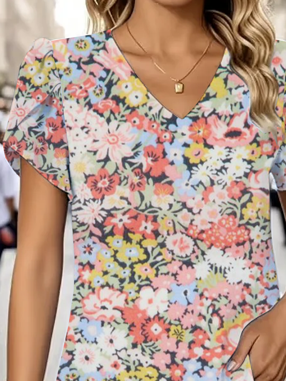 Damen Geblümt Kurzarm T-Shirts T-Shirt V-Ausschnitt Print Lässig Sommer T-Shirt mit Grafik Oberteile
