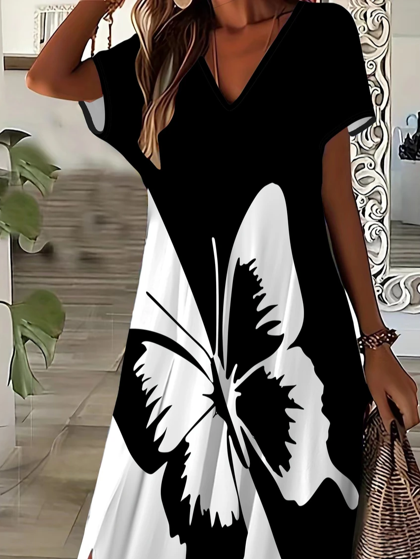 Damen Schmetterling Kurzarm Sommer Print Kleid V-Ausschnitt Täglich Lässig Maxikleid X-Linie Kleid