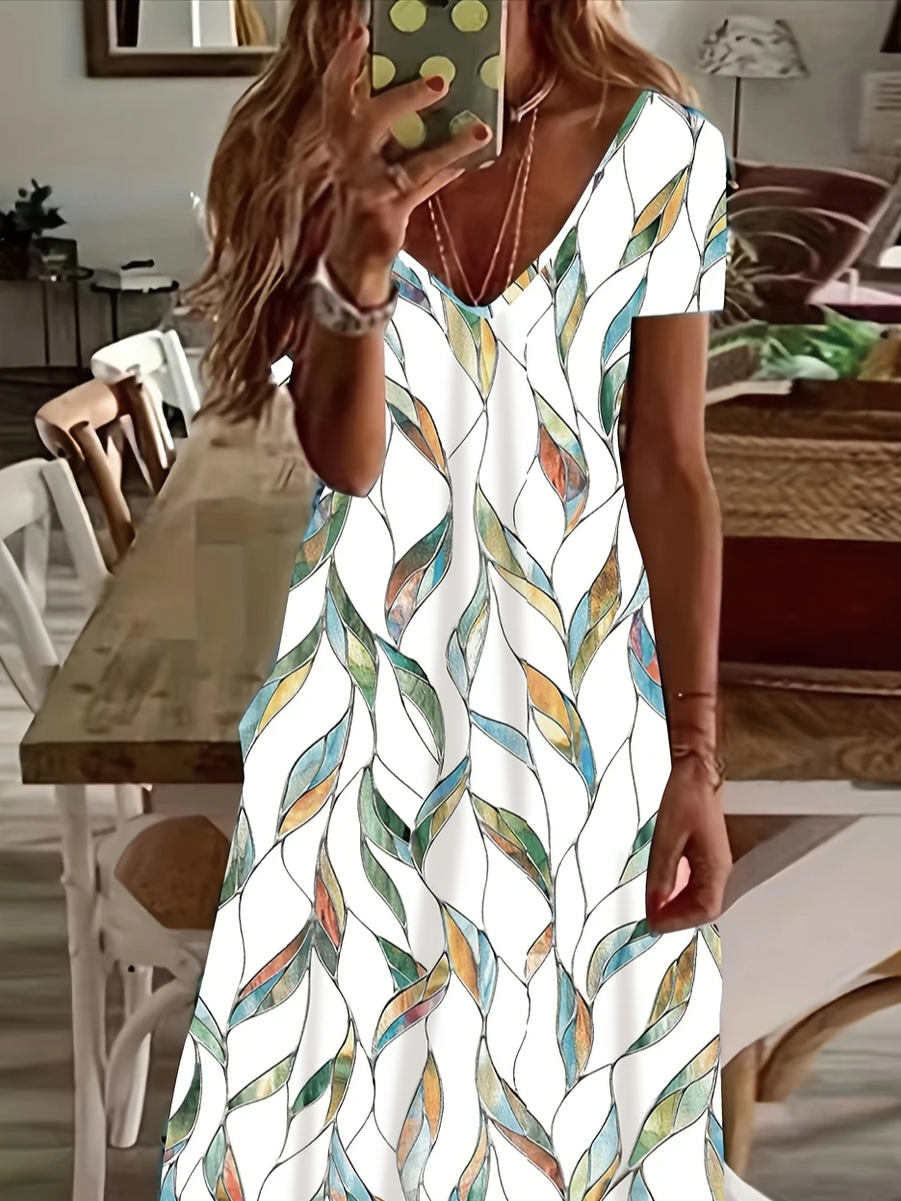 Damen Geblümt Kurzarm Sommer Print Kleid V-Ausschnitt Täglich Lässig Maxikleid X-Linie Kleid