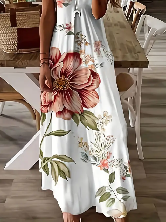 Damen Geblümt Ärmellos Sommer Print Kleid V-Ausschnitt Täglich Lässig Maxikleid Unterhose Kleid X-Linie Kleid