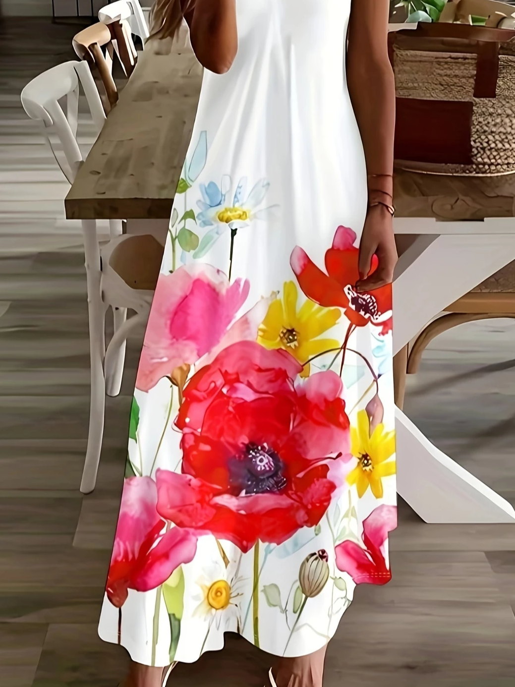 Damen Geblümt Ärmellos Sommer Print Kleid V-Ausschnitt Täglich Lässig Maxikleid Unterhose Kleid X-Linie Kleid