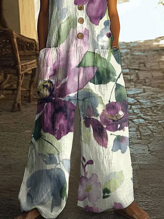Damen Geblümt Rundhals Ärmellos Lässig Sommer Jumpsuit