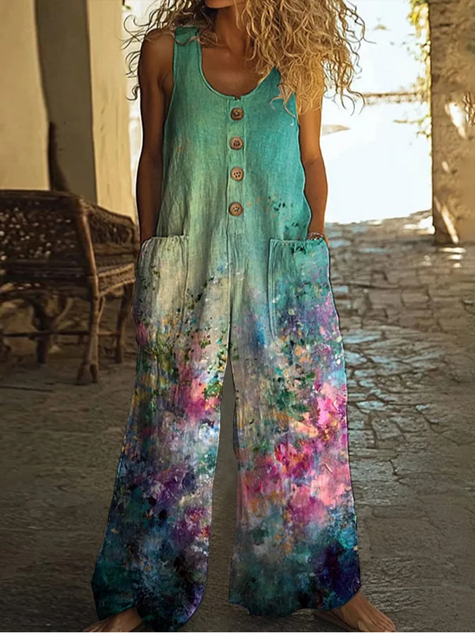 Damen Geblümt Rundhals Ärmellos Lässig Sommer Jumpsuit