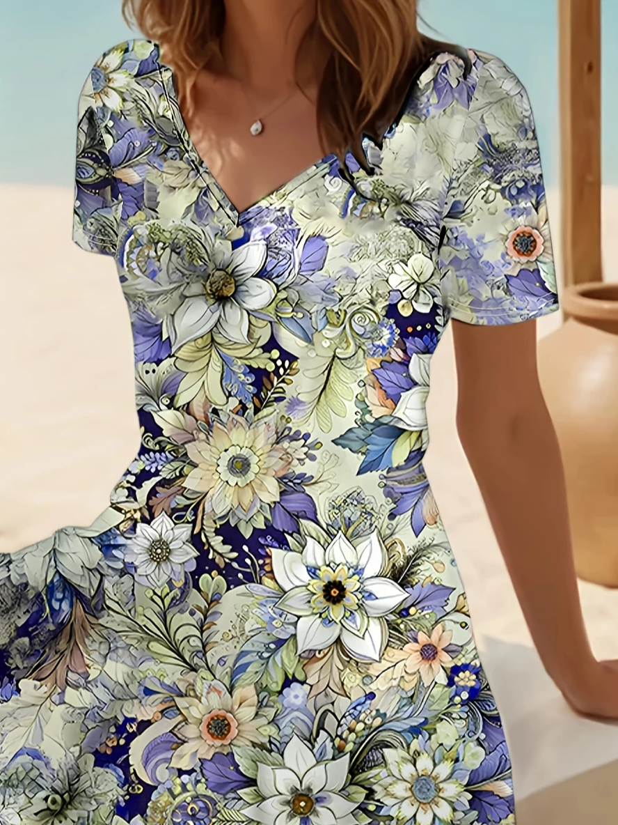 Damen Geblümt Kurzarm Sommer Print Kleid V-Ausschnitt Täglich Lässig Midi Passen & Flare Kleid A-Linien-Kleid