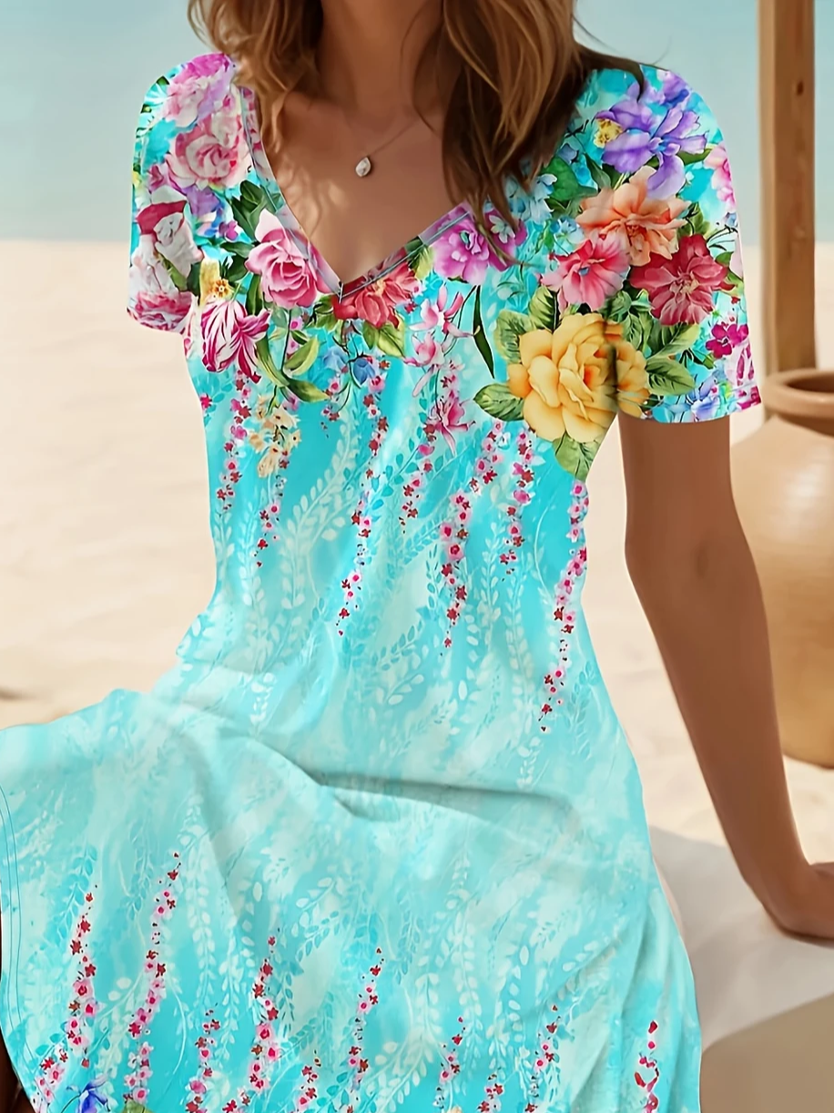 Damen Geblümt Kurzarm Sommer Print Kleid V-Ausschnitt Täglich Lässig Midi Passen & Flare Kleid A-Linien-Kleid