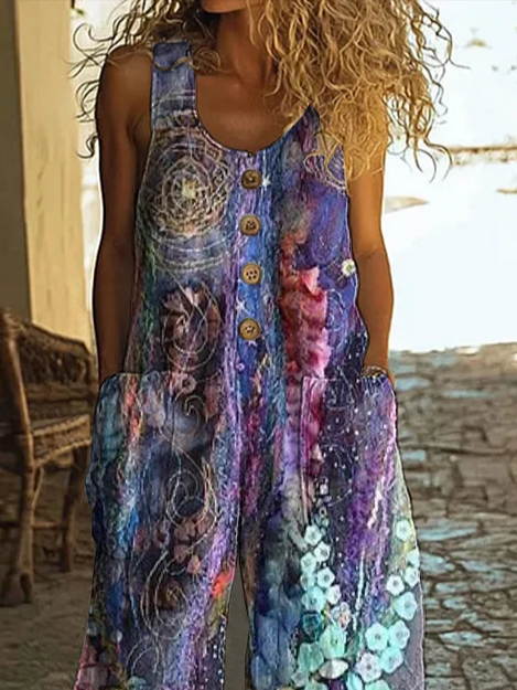 Damen Geblümt Rundhals Ärmellos Lässig Sommer Jumpsuit