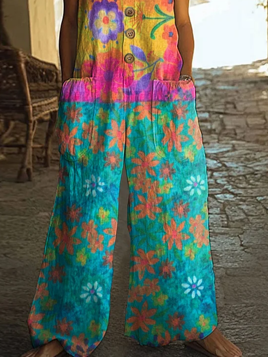 Damen Geblümt Rundhals Ärmellos Lässig Sommer Jumpsuit