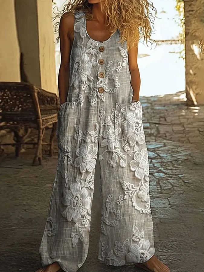 Damen Geblümt Rundhals Ärmellos Lässig Sommer Jumpsuit