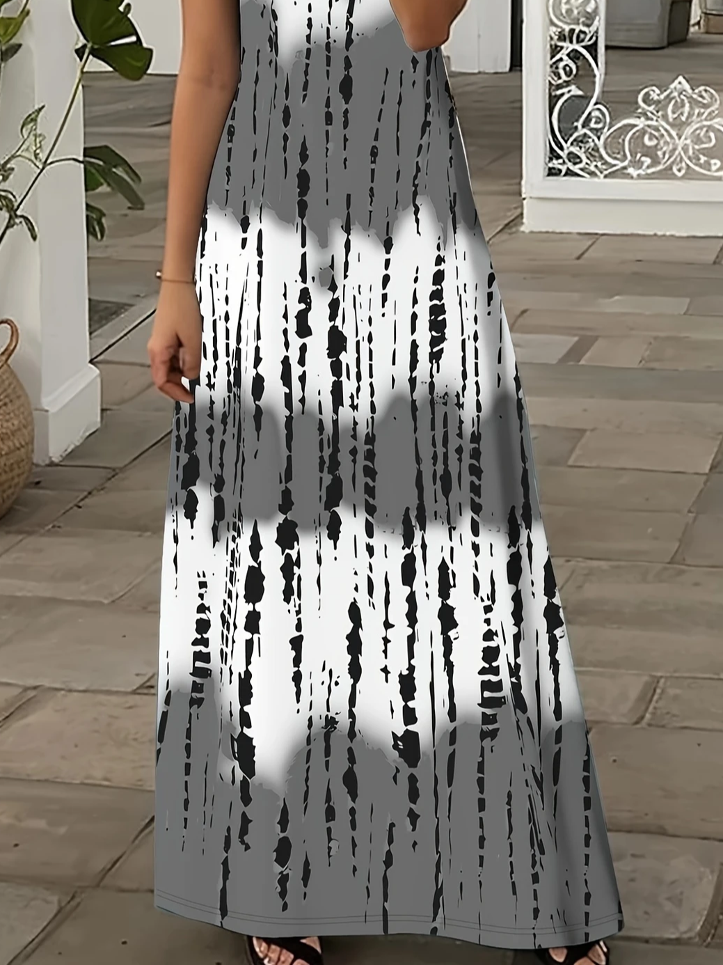 Damen abstrakte Streifen Kurzarm Sommer Print Kleid V-Ausschnitt Täglich Lässig Maxikleid X-Linie Kleid