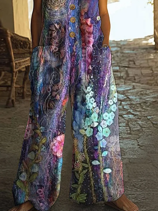 Damen Geblümt Rundhals Ärmellos Lässig Sommer Jumpsuit