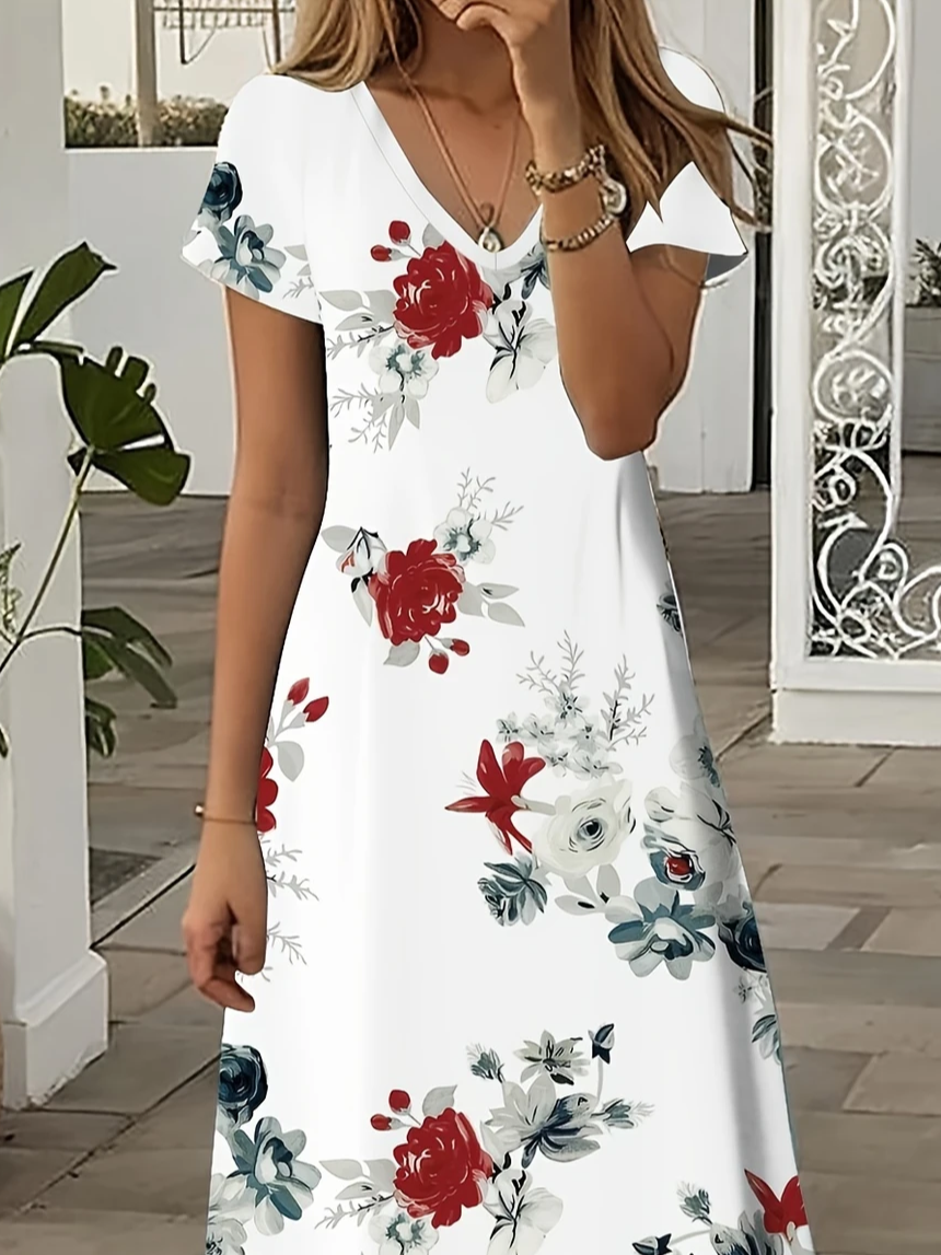 Damen Geblümt Kurzarm Sommer Print Kleid V-Ausschnitt Täglich Lässig Maxikleid X-Linie Kleid