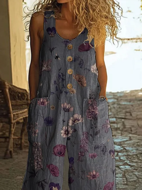 Damen Geblümt Rundhals Ärmellos Lässig Sommer Jumpsuit