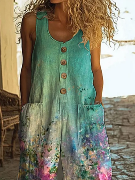 Damen Geblümt Rundhals Ärmellos Lässig Sommer Jumpsuit