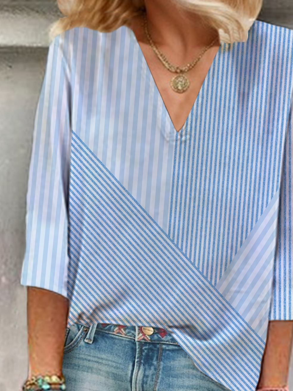 Damen Gestreift Dreiviertelärmel Bluse Frühling/Herbst Print V-Ausschnitt Täglich Lässig Oberteile