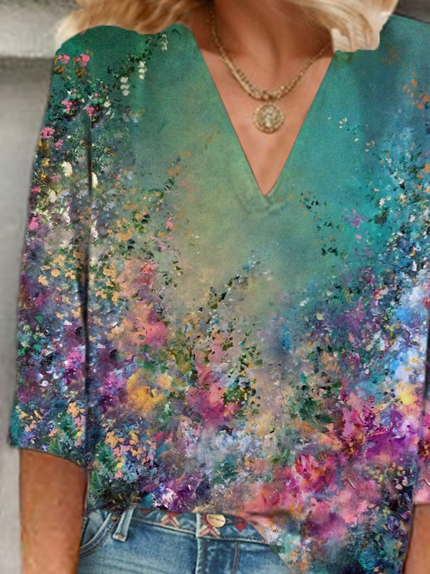 Damen Geblümt Dreiviertelärmel Bluse Frühling/Herbst Print V-Ausschnitt Täglich Lässig Oberteile