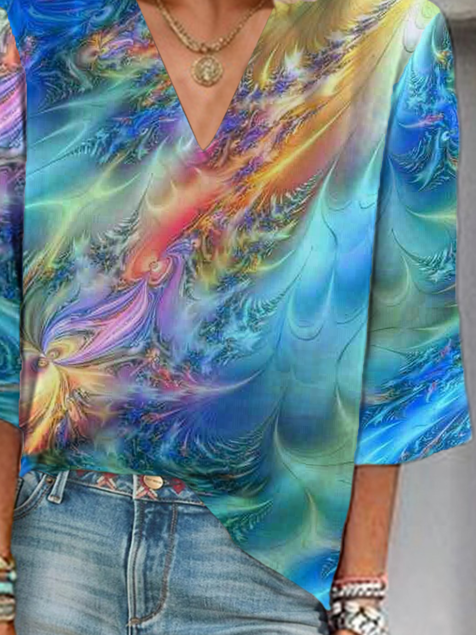 Damen Abstrakt Dreiviertelärmel Bluse Frühling/Herbst Print V-Ausschnitt Täglich Lässig Oberteile