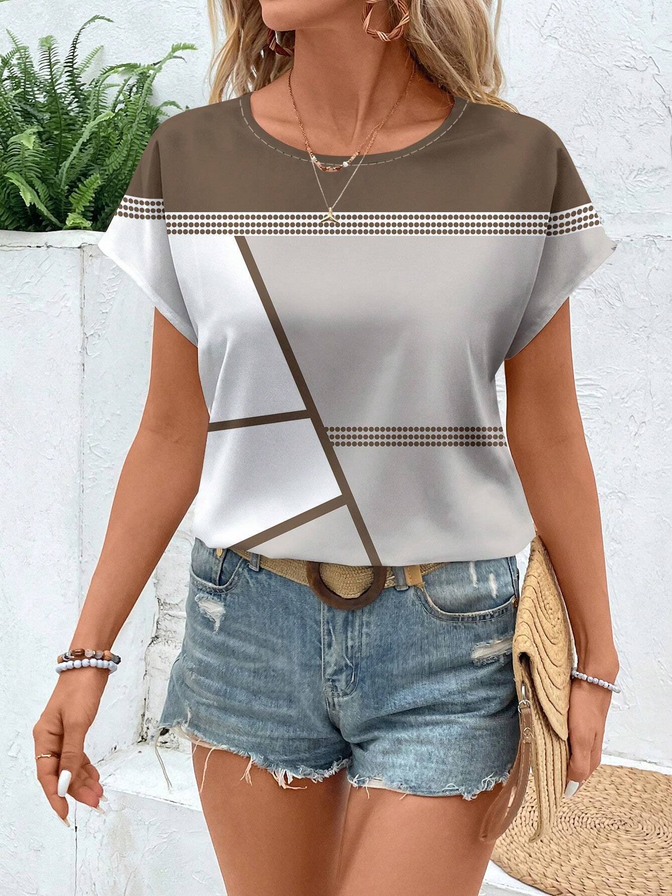 Damen Gestreift Kurzarm T-Shirts T-Shirt Rundhals Print Lässig Sommer T-Shirt mit Grafik Oberteile