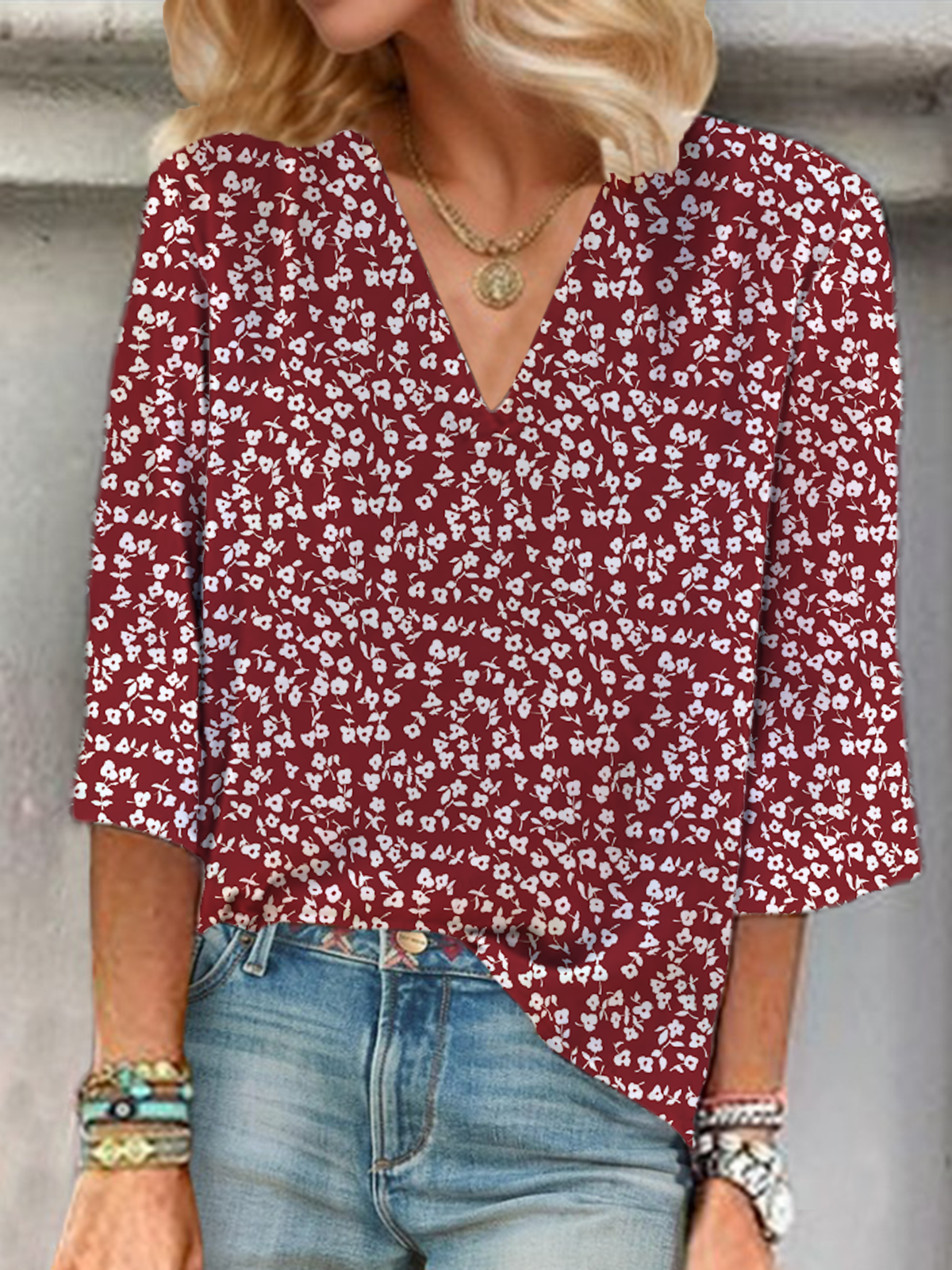 Damen Geblümt Dreiviertelärmel Bluse Frühling/Herbst Print V-Ausschnitt Täglich Lässig Oberteile